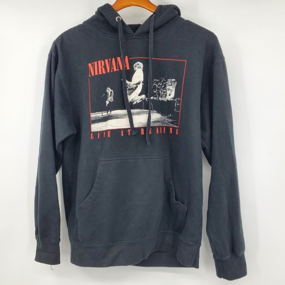 Nirvana Live at Reading 1992 Concert Hoodie Black Double Sided Graphic Smiley M